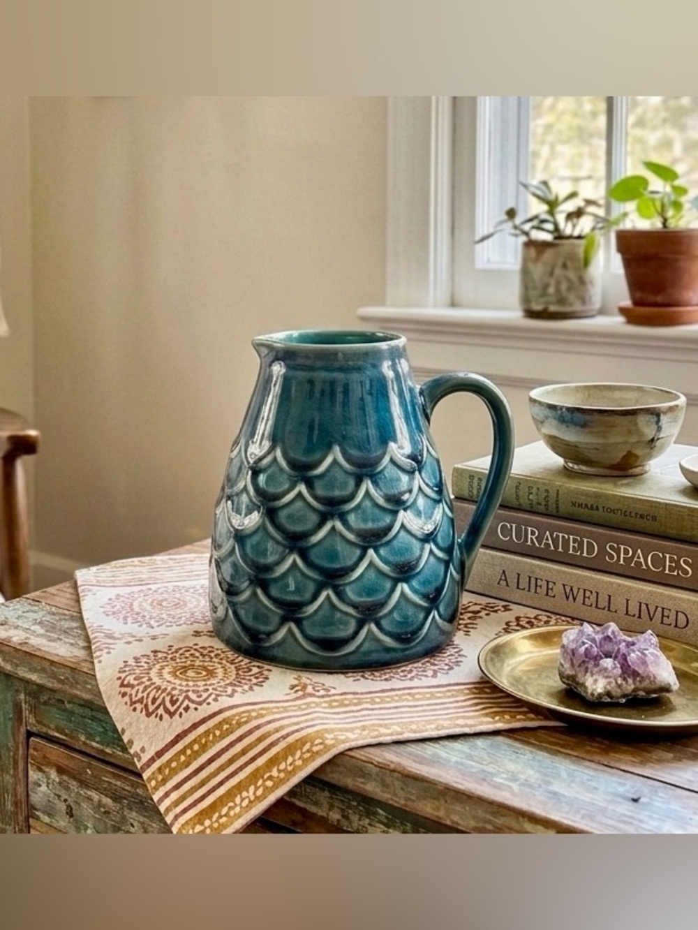 Hobby Lobby The Hamptons Teal Blue Ceramic Scallop Fish Scale Pitcher Jug